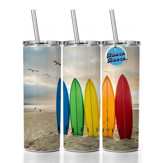 Brightly Colored Surfboards In The Sand Beach Ocean Skinny Tumbler 20oz with Straw Insulated Water Bottle Gift