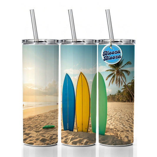 Brightly Colored Surfboards Sand Beach Ocean Skinny Tumbler 20oz with Straw Insulated Water Bottle Gift