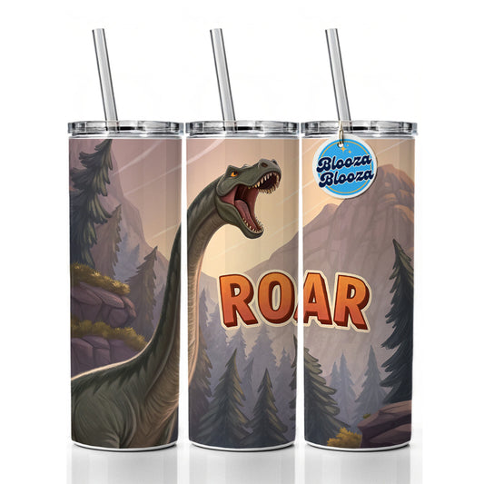 Brontosaurus Roar Bold Text Dinosaur Skinny Tumbler 20oz with Straw Insulated Water Bottle Gift