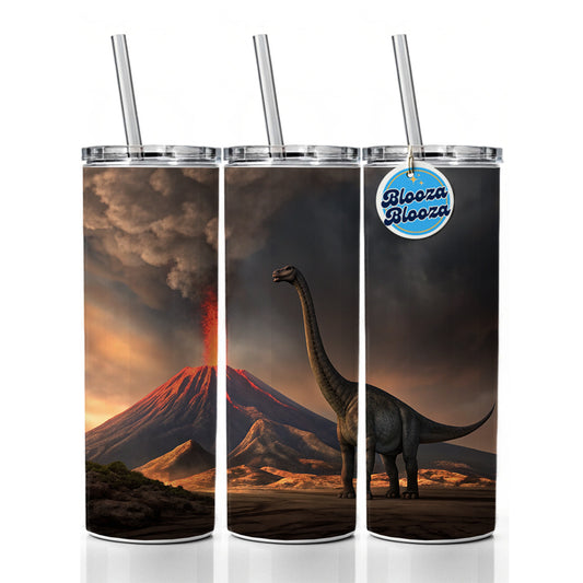 Brontosaurus Volcano Dinosaur Skinny Tumbler 20oz with Straw Insulated Water Bottle Gift