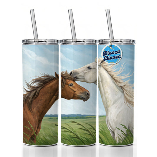 Brown White Horses Love Skinny Tumbler 20oz with Straw Insulated Water Bottle Gift