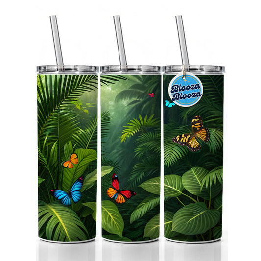 Butterflies In Jungle Colorful Skinny Tumbler 20oz with Straw Insulated Water Bottle Gift