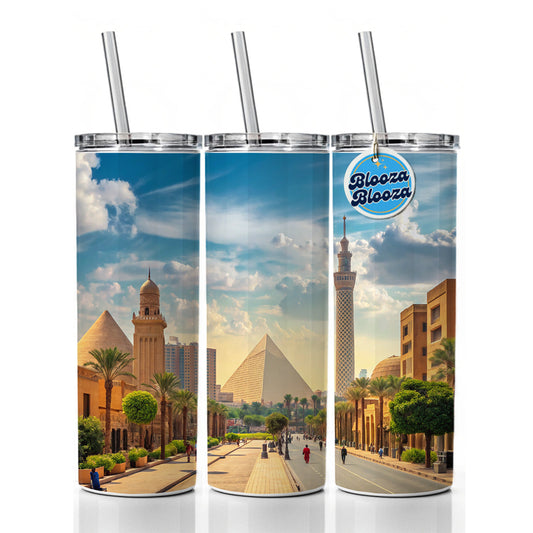 Cairo Egypt Pyramid Street Skinny Tumbler 20oz with Straw Insulated Water Bottle Gift