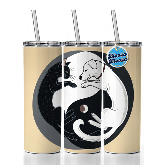 Cat Dog Black White Swirling Yin Yang Skinny Tumbler 20oz with Straw Insulated Water Bottle Gift