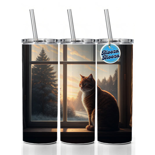 Cat In Window Pretty Skinny Tumbler 20oz with Straw Insulated Water Bottle Gift