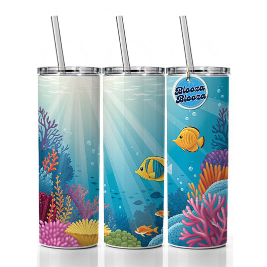 Colorful Fish Coral Light Rays Tropical Ocean Skinny Tumbler 20oz with Straw Insulated Water Bottle Gift
