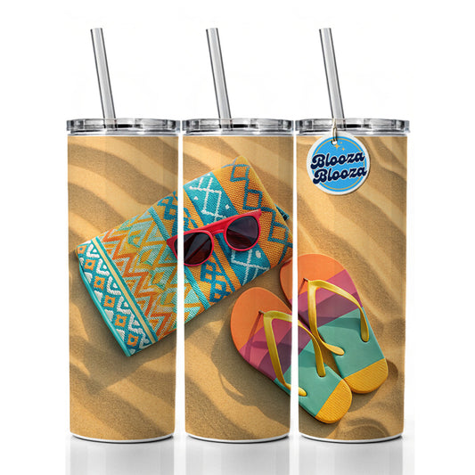 Colorful Sunglasses Flip Flops Towel On Sandy Beach Skinny Tumbler 20oz with Straw Insulated Water Bottle Gift