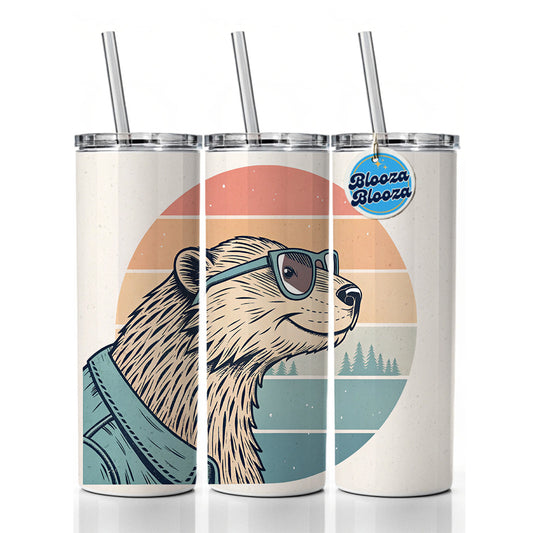 Cool Beaver Wearing Glasses Retro Illustration Skinny Tumbler 20oz with Straw Insulated Water Bottle Gift