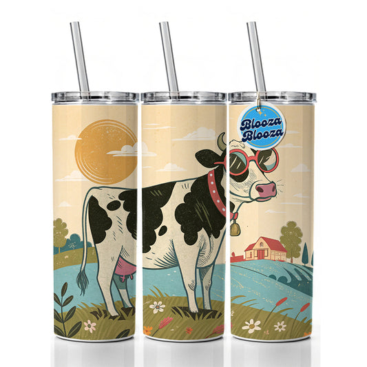 Cool Cow Wearing Sunglasses Retro Illustration Skinny Tumbler 20oz with Straw Insulated Water Bottle Gift