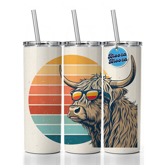 Cool Highland Cow Wearing Sunglasses Retro Illustration Skinny Tumbler 20oz with Straw Insulated Water Bottle Gift