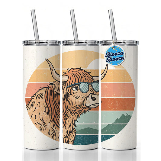 Cool Highland Cow Wearing Sunglasses Retro Skinny Tumbler 20oz with Straw Insulated Water Bottle Gift