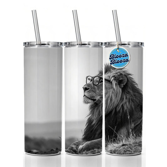 Cool Lion Wearing Glasses Black White Skinny Tumbler 20oz with Straw Insulated Water Bottle Gift