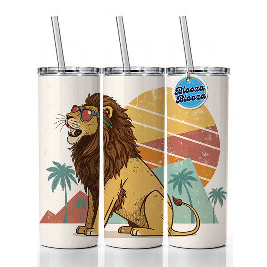 Cool Lion Wearing Sunglasses Retro Illustration Style Skinny Tumbler 20oz with Straw Insulated Water Bottle Gift