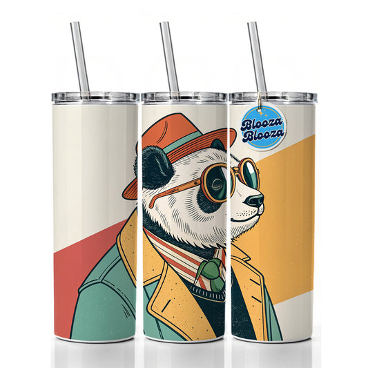 Cool Panda Wearing Glasses Retro Illustration Skinny Tumbler 20oz with Straw Insulated Water Bottle Gift