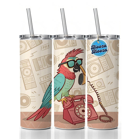Cool Parrot Wearing Sunglasses Retro Illustration Skinny Tumbler 20oz with Straw Insulated Water Bottle Gift