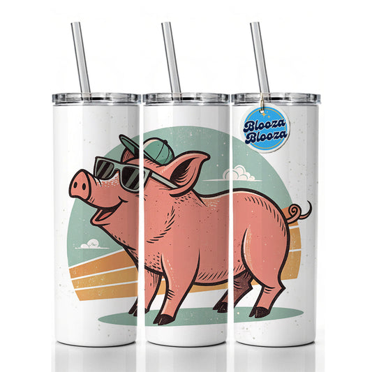 Cool Pig Wearing Sunglasses Retro Illustration Skinny Tumbler 20oz with Straw Insulated Water Bottle Gift