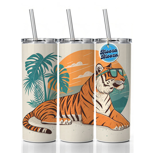 Cool Tiger Wearing Sunglasses Retro Illustration Skinny Tumbler 20oz with Straw Insulated Water Bottle Gift
