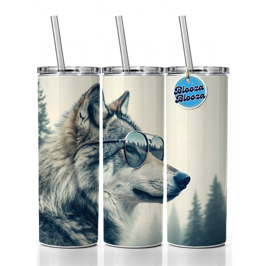 Cool Wolf Wearing Misty Woods Skinny Tumbler 20oz with Straw Insulated Water Bottle Gift