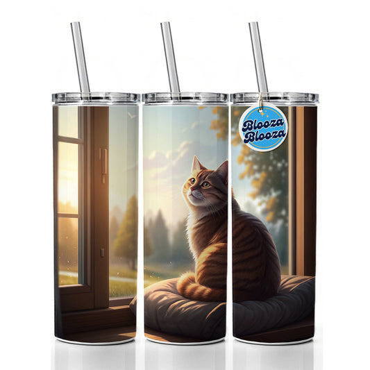 Cozy Cat In Window Skinny Tumbler 20oz with Straw Insulated Water Bottle Gift