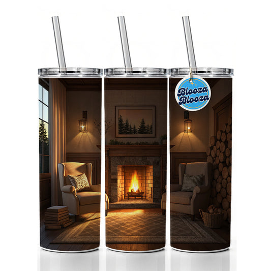 Cozy Fireplace Scene Skinny Tumbler 20oz with Straw Insulated Water Bottle Gift