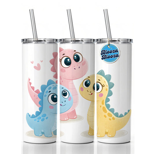 Cute Pastel Colored Cartoon Dinosaurs Big Eyes Skinny Tumbler 20oz with Straw Insulated Water Bottle Gift