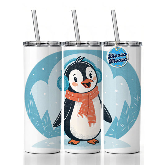 Cute Winter Penguin Scarf Skinny Tumbler 20oz with Straw Insulated Water Bottle Gift