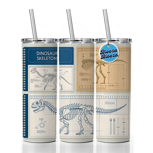 Dinosaur Skeletons Technical Style Blueprints Diagrams Skinny Tumbler 20oz with Straw Insulated Water Bottle Gift