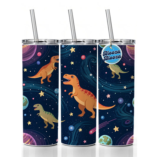 Dinosaurs Floating In Space Galaxy Planets Skinny Tumbler 20oz with Straw Insulated Water Bottle Gift
