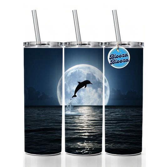 Dolphin Leaping Over Ocean Glowing Moon Skinny Tumbler 20oz with Straw Insulated Water Bottle Gift