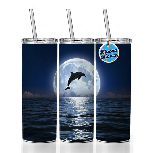 Dolphin Leaping Over Ocean Sea Full Moon Skinny Tumbler 20oz with Straw Insulated Water Bottle Gift