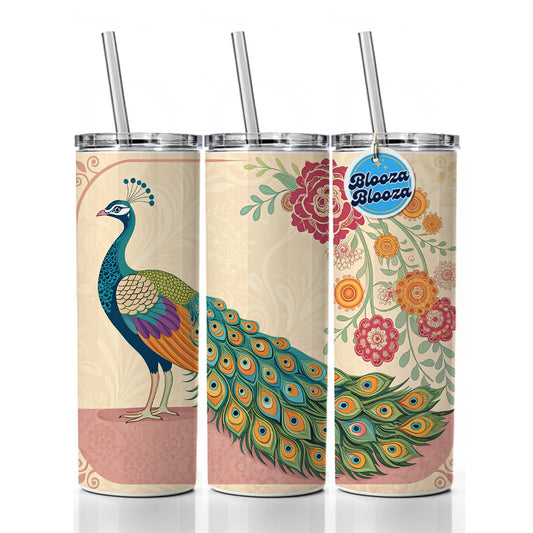 Elegant Peacock Flowers Skinny Tumbler 20oz with Straw Insulated Water Bottle Gift