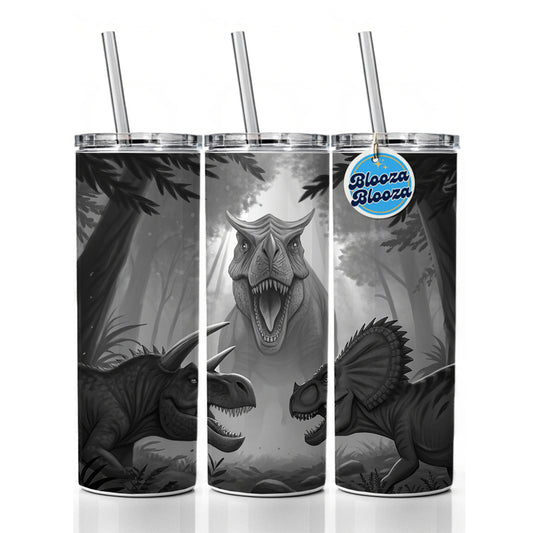 Epic Showdown T-Rex Triceratops Velociraptor Dinosaurs Skinny Tumbler 20oz with Straw Insulated Water Bottle Gift