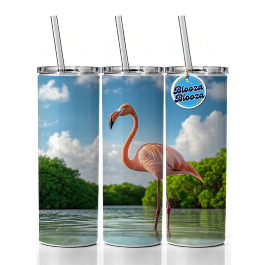 Flamingo Bird Standing In Water Skinny Tumbler 20oz with Straw Insulated Water Bottle Gift