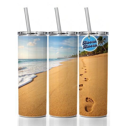 Footprints In The Sand Barefoot Beach Ocean Skinny Tumbler 20oz with Straw Insulated Water Bottle Gift