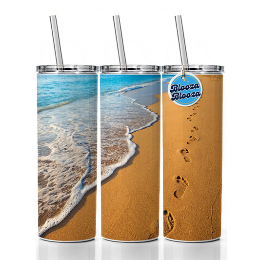 Footprints In The Sand Beach Shore Skinny Tumbler 20oz with Straw Insulated Water Bottle Gift