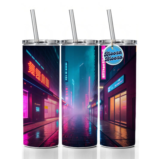 Futuristic City Alley Night Glowing Signs Misty Skinny Tumbler 20oz with Straw Insulated Water Bottle Gift