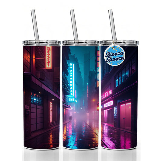 Futuristic City Alley Night Glowing Signs Skinny Tumbler 20oz with Straw Insulated Water Bottle Gift