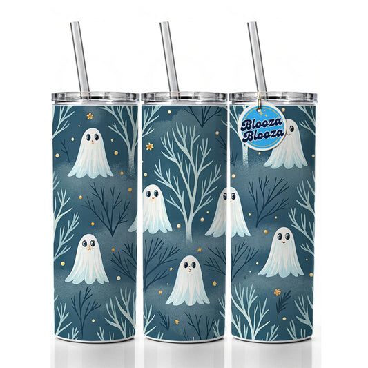 Ghosts Smiling Halloween Sparse Trees Skinny Tumbler 20oz with Straw Insulated Water Bottle Gift