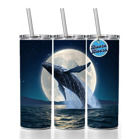 Giant Whale Leaping Over Ocean Moon Skinny Tumbler 20oz with Straw Insulated Water Bottle Gift