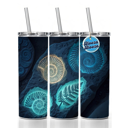 Glowing Holographic Style Fossil Imprints Skinny Tumbler 20oz with Straw Insulated Water Bottle Gift