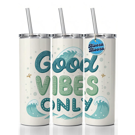 Good Vibes Only Sea Foam Ocean Waves Beach Skinny Tumbler 20oz with Straw Insulated Water Bottle Gift