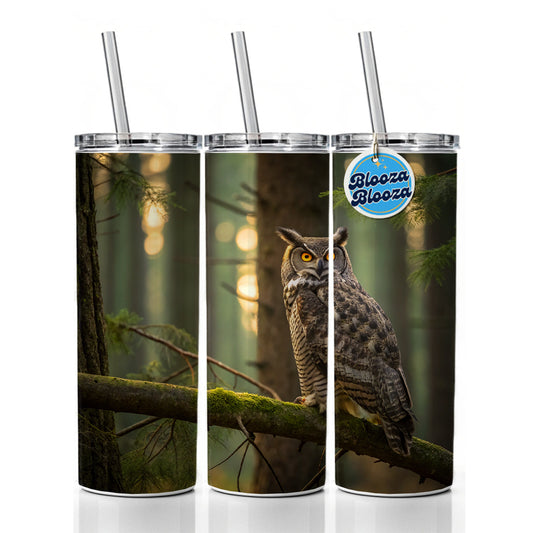 Great Horned Owl On Branch Skinny Tumbler 20oz with Straw Insulated Water Bottle Gift