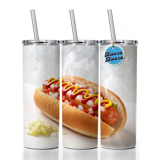 Hot Dog Ketchup Mustard Onions Skinny Tumbler 20oz with Straw Insulated Water Bottle Gift