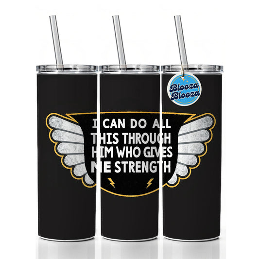 I Can Do All This Through Him Who Gives Me Strength Bible Verse Skinny Tumbler 20oz with Straw Insulated Water Bottle Gift