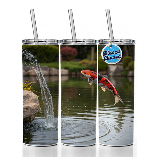 Koi Fish Jumping Out Of Pond Skinny Tumbler 20oz with Straw Insulated Water Bottle Gift