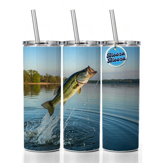 Largemouth Bass Fish Jumping Fishing Skinny Tumbler 20oz with Straw Insulated Water Bottle Gift