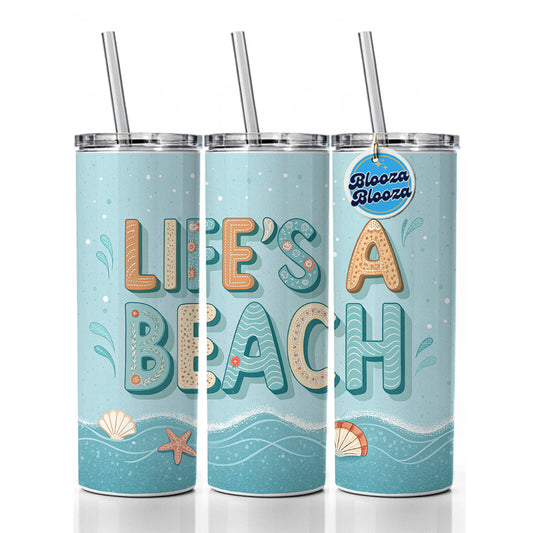 Life's A Beach Sea Foam Ocean Skinny Tumbler 20oz with Straw Insulated Water Bottle Gift