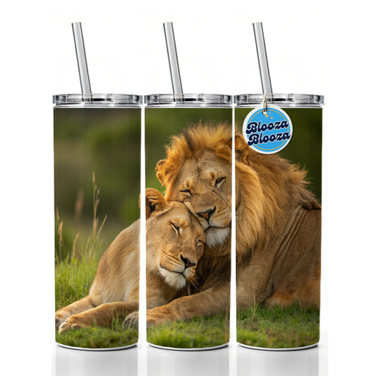 Lions Hugging Love Skinny Tumbler 20oz with Straw Insulated Water Bottle Gift