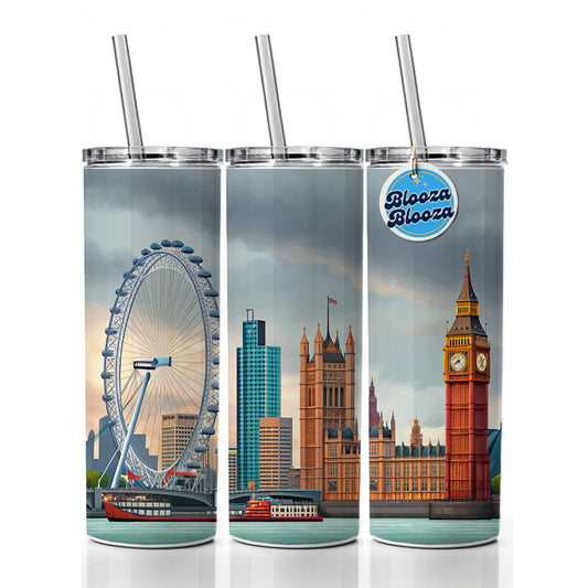 London England Big Ben Skinny Tumbler 20oz with Straw Insulated Water Bottle Gift