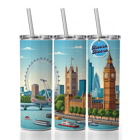 London England Drawing Travel Skinny Tumbler 20oz with Straw Insulated Water Bottle Gift
